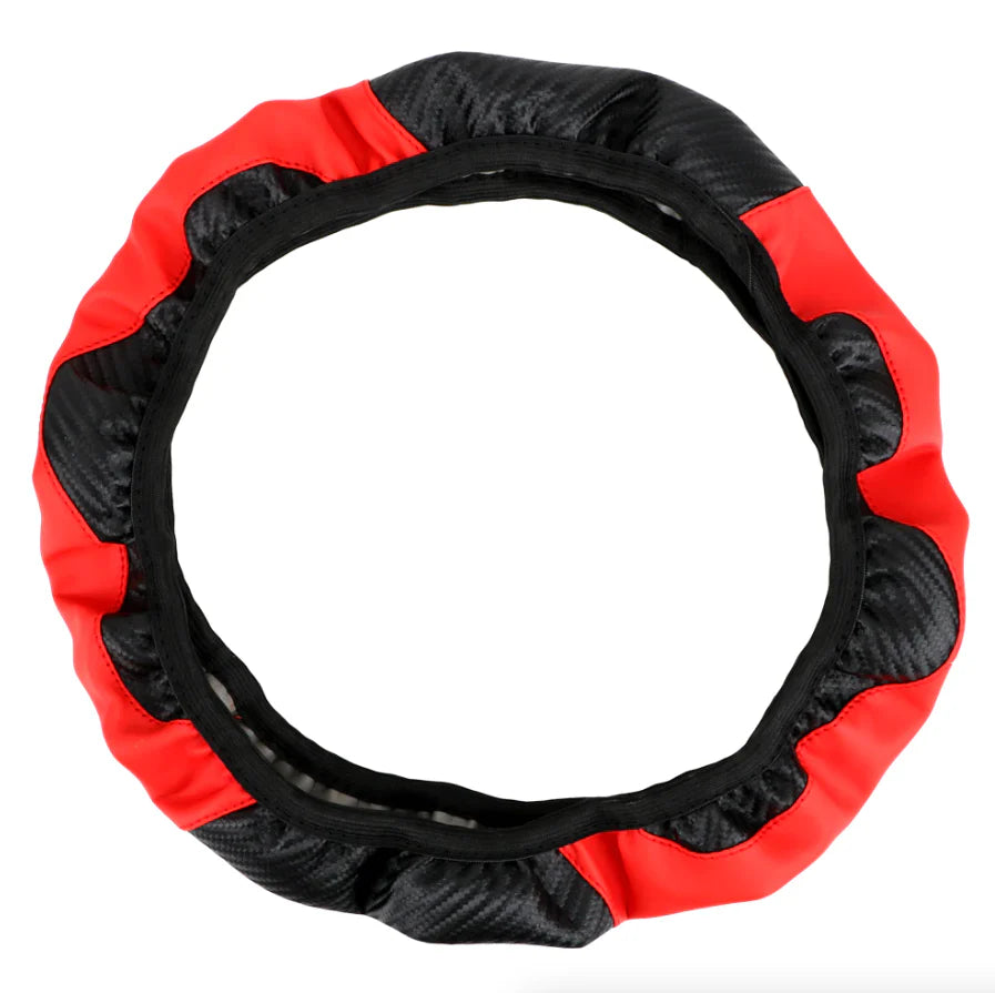 Car Steering Wheel Cover Red Black Leather Anti-Slip for 15"/38Cm Carbon Fiber