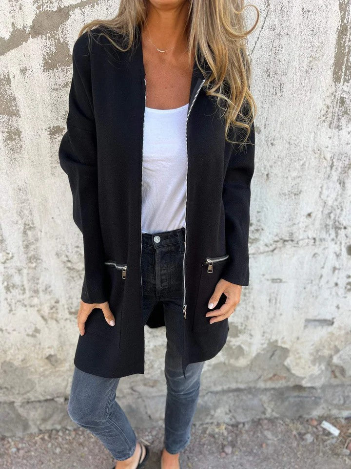 Zip-up Hooded Cardigan Coat Fashion Solid Color Pocket Jacket Fall And Winter Women's Coat Clothing