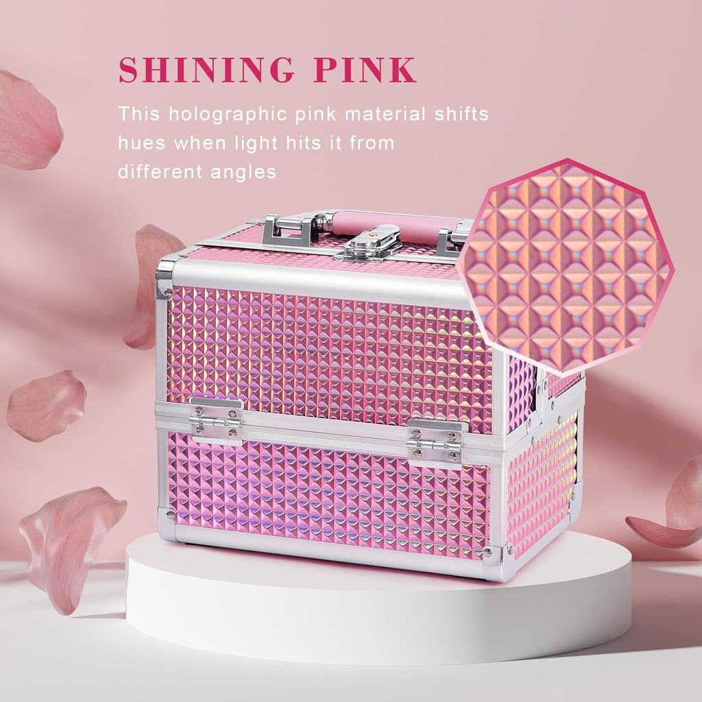 Vanity Case Makeup Box Nail Polish Organiser Beauty Storage Make up Organiser Jewellery Box with Mirror, Lockable with Keys, Holographic Pink