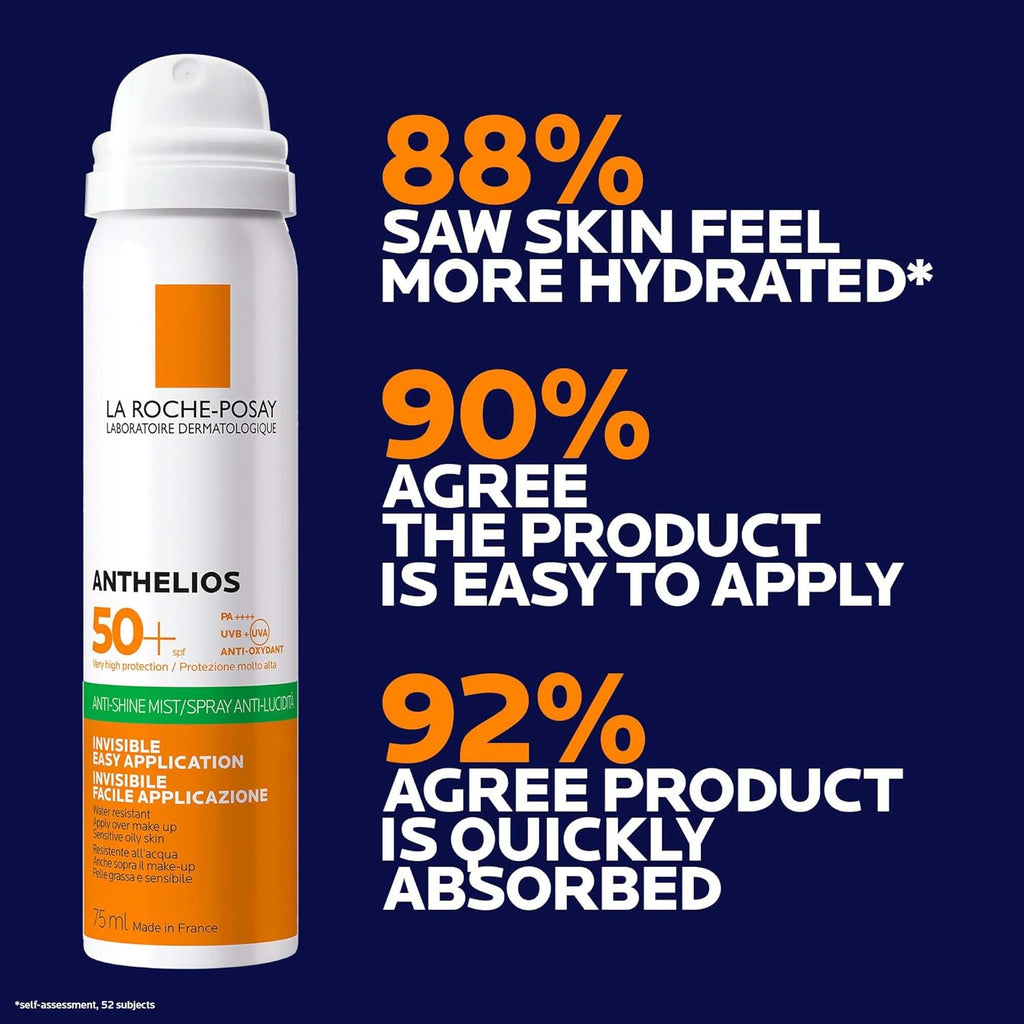 La Roche-Posay Anthelios Invisible Fresh Mist Sunscreen SPF50, Anti-Shine Spray for Oily Skin, Broad Spectrum UVA UVB Protection, Infrared Pollution Shield, Water Resistant, On-The-Go, 75Ml