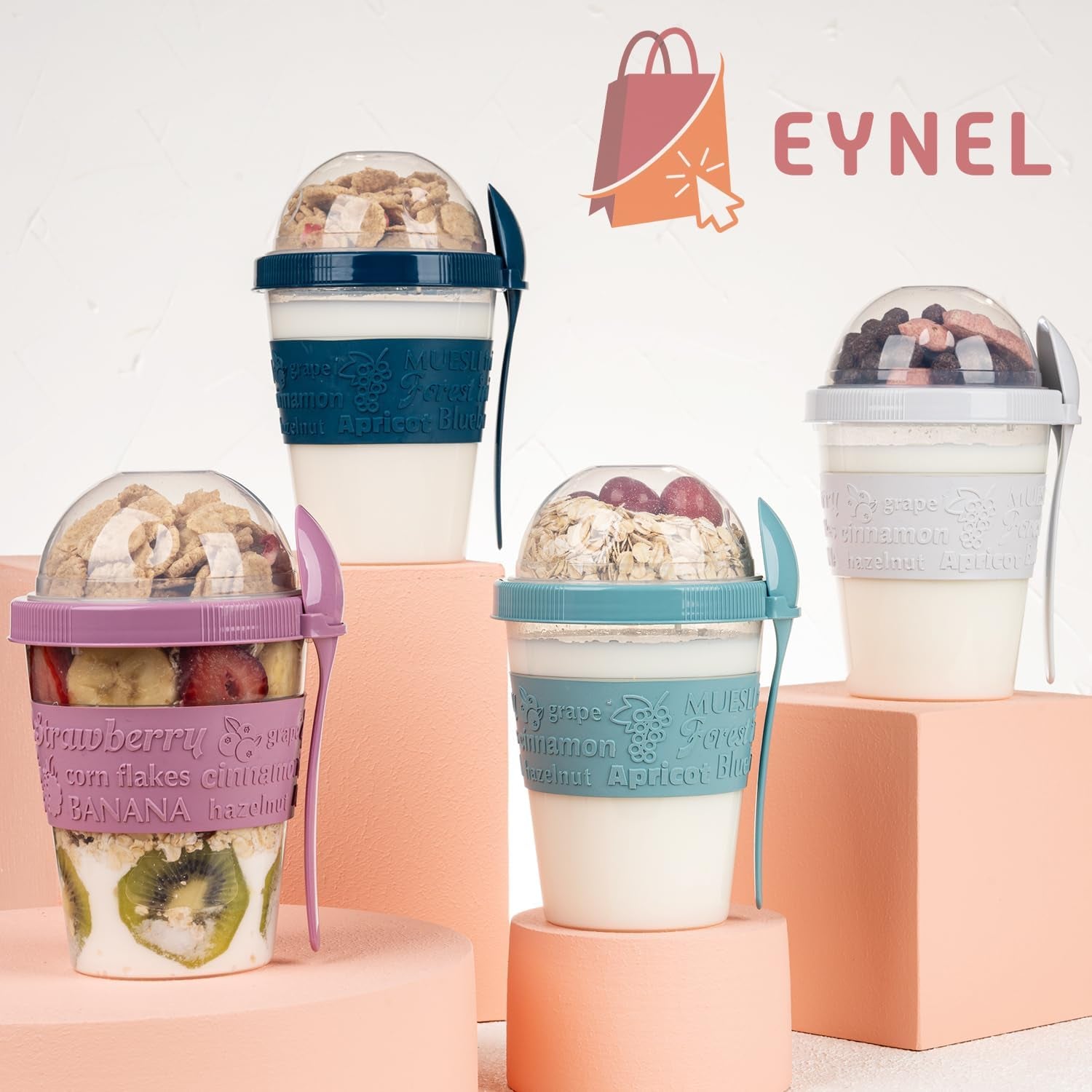 4 Pack on the Go Cereal Yogurt Cups with Lids and Spoon, Overnight Oats Container, Reusable Parfait Plastic Milk Pot Breakfast Crunch Granola Oatmeal Smoothie Snack Prep Jar