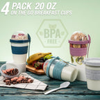 4 Pack on the Go Cereal Yogurt Cups with Lids and Spoon, Overnight Oats Container, Reusable Parfait Plastic Milk Pot Breakfast Crunch Granola Oatmeal Smoothie Snack Prep Jar