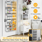 over the Door Organiser with 5 Tiers and 10 Compartments, Extra Large Hanging Door Storage with 4 Hooks, 36Kg Weight Capacity, Bedroom Wardrobe or Nursery Nappy & Toy Storage – Light Grey