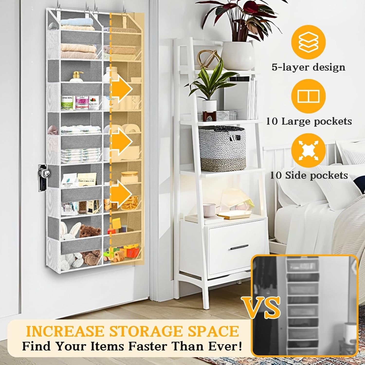 over the Door Organiser with 5 Tiers and 10 Compartments, Extra Large Hanging Door Storage with 4 Hooks, 36Kg Weight Capacity, Bedroom Wardrobe or Nursery Nappy & Toy Storage – Light Grey