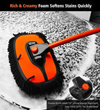 55" Car Wash Brush Mop with Long Handle, Extendable Curved Car Cleaning Brush with Extra Microfiber Mop Head, Soft Car Wash Brush Kit with Storage Bag for Truck SUV Cleaning, Orange