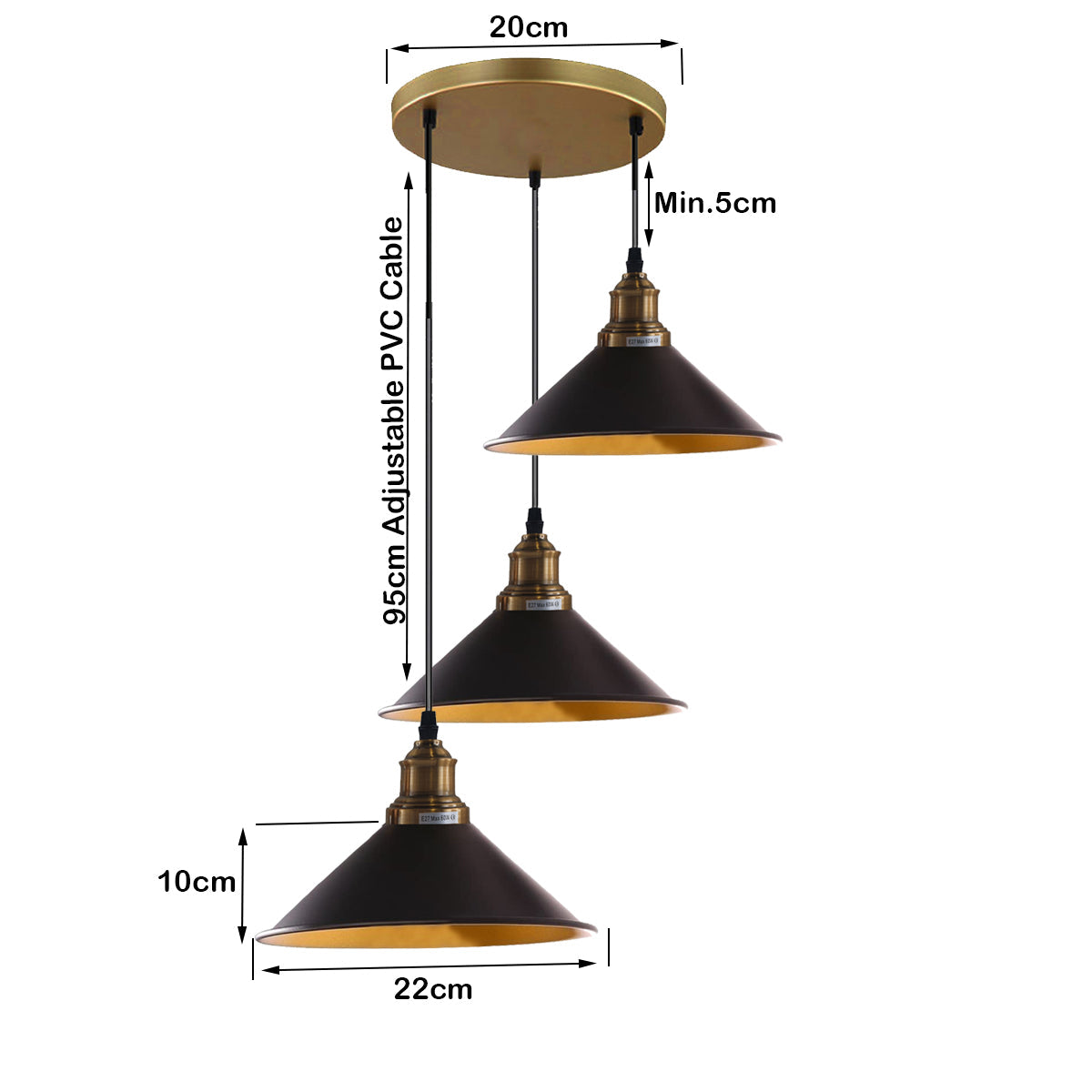 3-Light Adjustable Chandelier — Black Shade