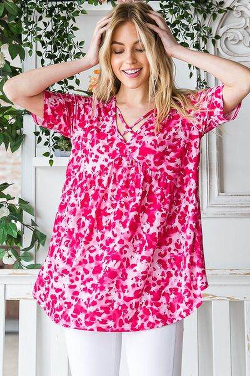 Heimish Full Size Short Sleeve Crisscross Animal Babydoll Top plus Size