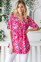 Heimish Full Size Short Sleeve Crisscross Animal Babydoll Top plus Size