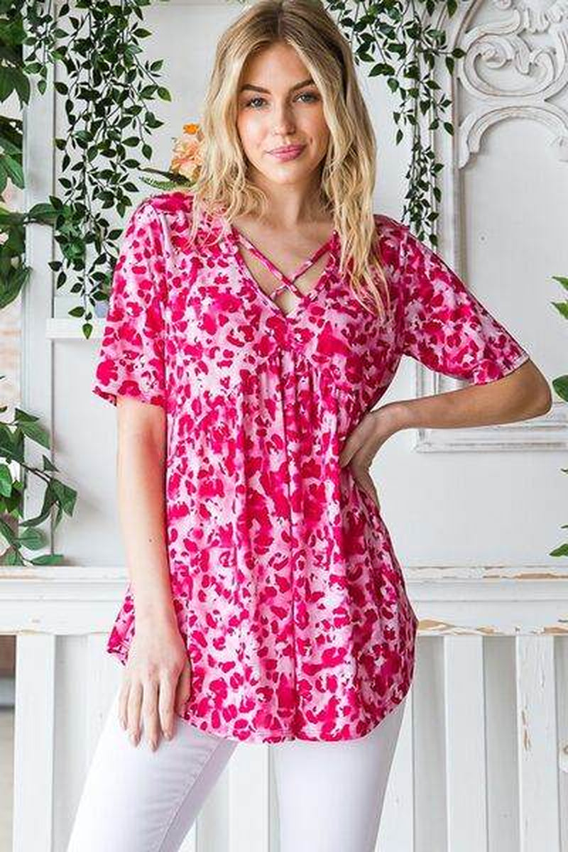 Heimish Full Size Short Sleeve Crisscross Animal Babydoll Top plus Size
