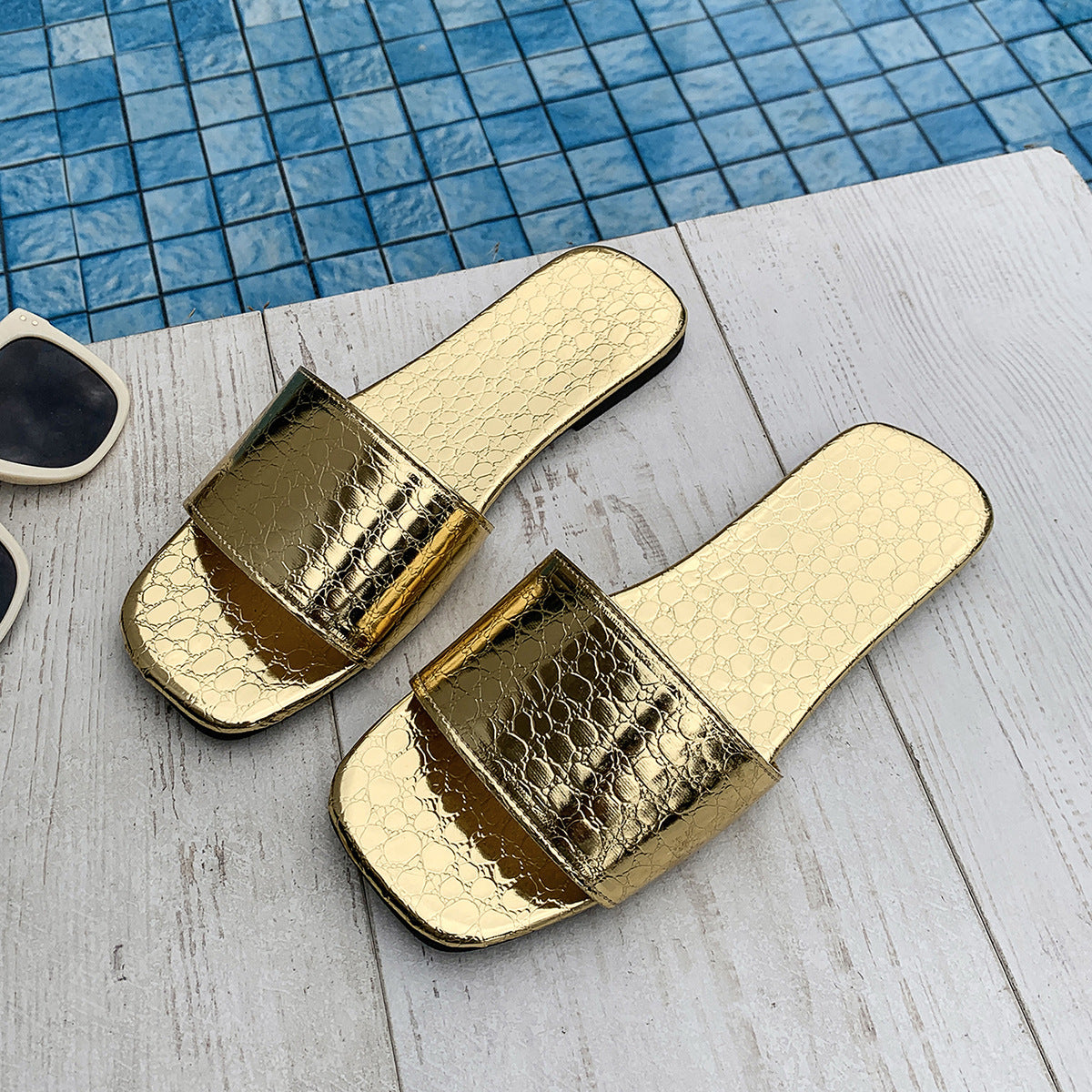 Croc-Texture Flat Slide Sandals for Women