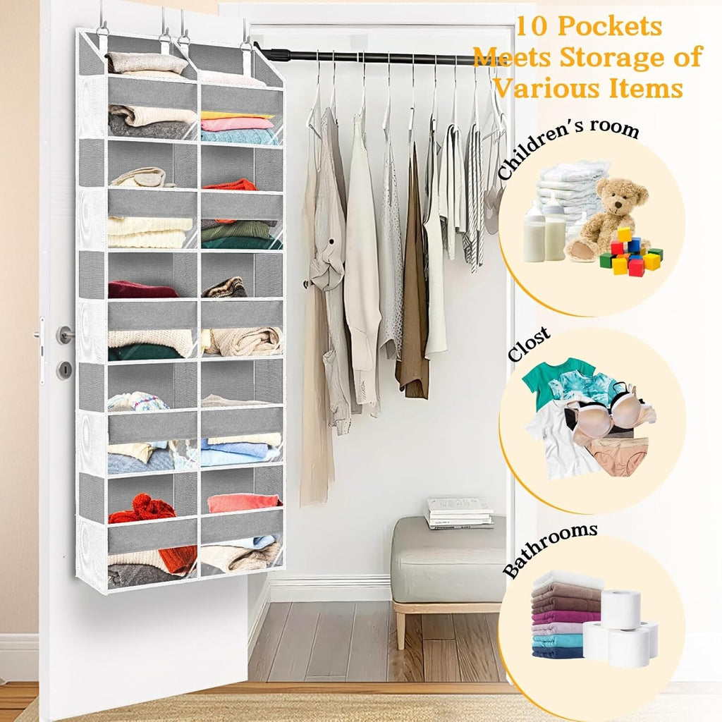 over the Door Organiser with 5 Tiers and 10 Compartments, Extra Large Hanging Door Storage with 4 Hooks, 36Kg Weight Capacity, Bedroom Wardrobe or Nursery Nappy & Toy Storage – Light Grey