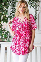 Heimish Full Size Short Sleeve Crisscross Animal Babydoll Top plus Size