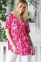 Heimish Full Size Short Sleeve Crisscross Animal Babydoll Top plus Size