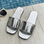Croc-Texture Flat Slide Sandals for Women