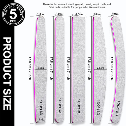 10 Pcs Nail File Set, 5 Shapes Nail Files for Acrylic and Gel Nails, 100/180 Grit Emery Boards for Nails, Nail File and Buffer Set