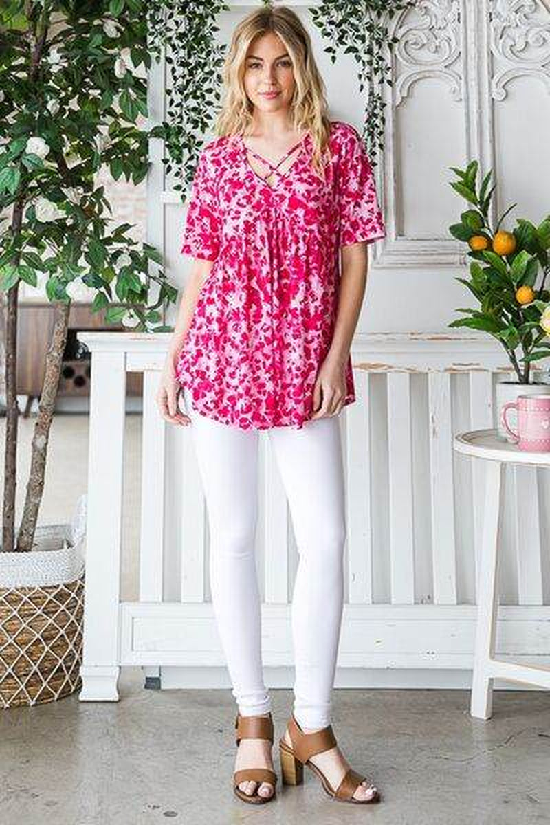 Heimish Full Size Short Sleeve Crisscross Animal Babydoll Top plus Size