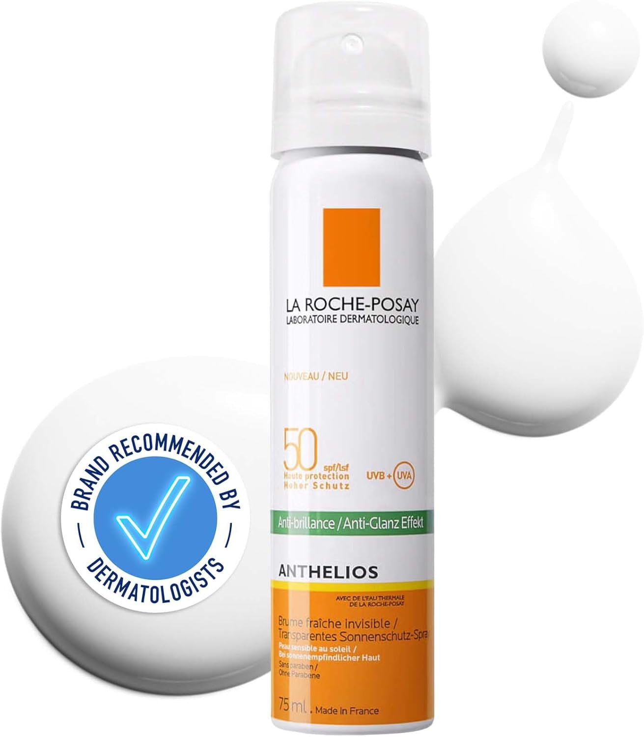 La Roche-Posay Anthelios Invisible Fresh Mist Sunscreen SPF50, Anti-Shine Spray for Oily Skin, Broad Spectrum UVA UVB Protection, Infrared Pollution Shield, Water Resistant, On-The-Go, 75Ml