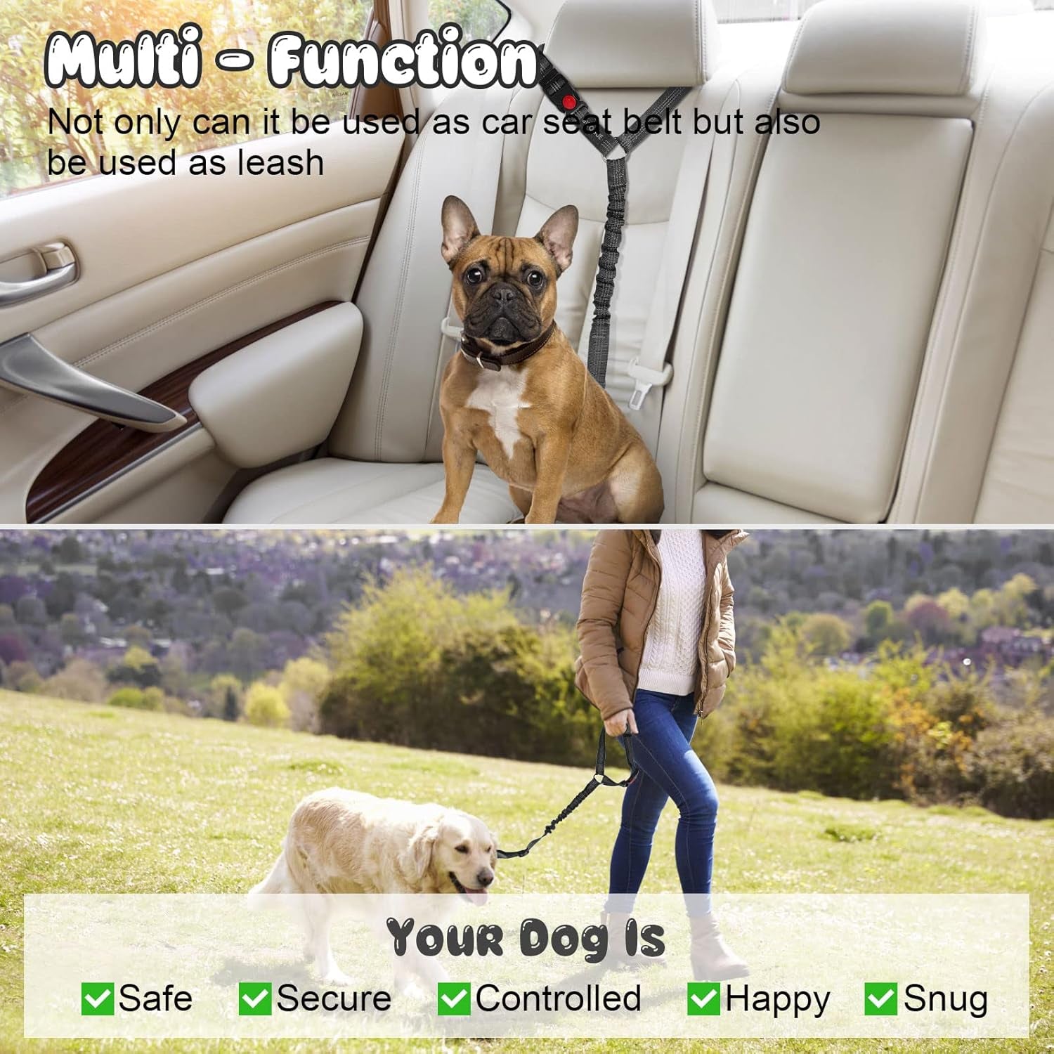 2 Packs Dog Cat Safety Seat Belt Strap Car Headrest Restraint Adjustable Nylon Fabric Dog Restraints Vehicle Seatbelts Harness Black Elastic Bungee