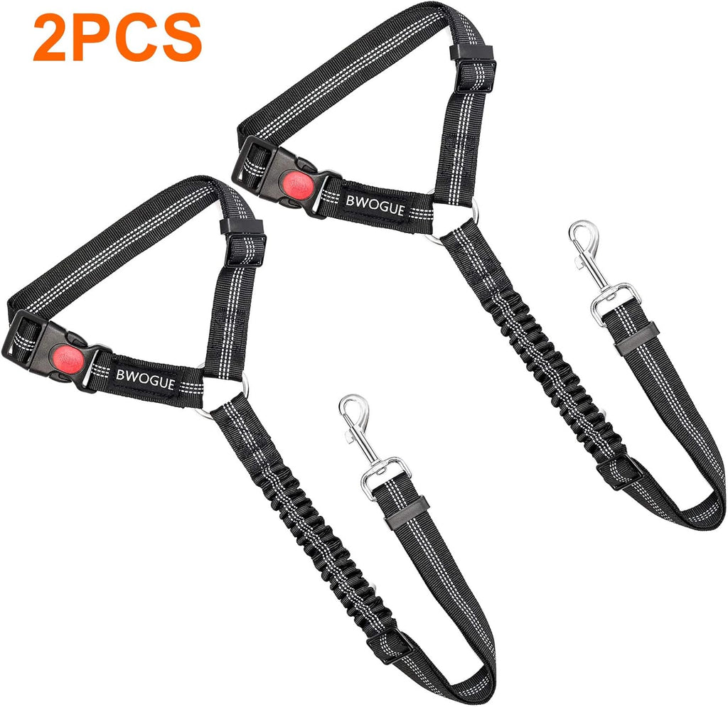 2 Packs Dog Cat Safety Seat Belt Strap Car Headrest Restraint Adjustable Nylon Fabric Dog Restraints Vehicle Seatbelts Harness Black Elastic Bungee