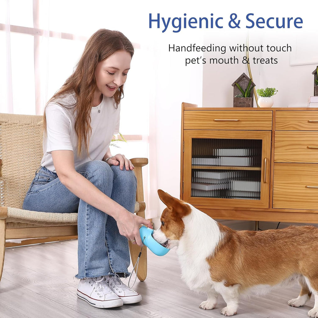 Handheld Dog Feeder Treat Dispenser with Built-In Clicker & Treat Pouch. for Training Walking Hiking Traveling. (6.7 OZ, Green)
