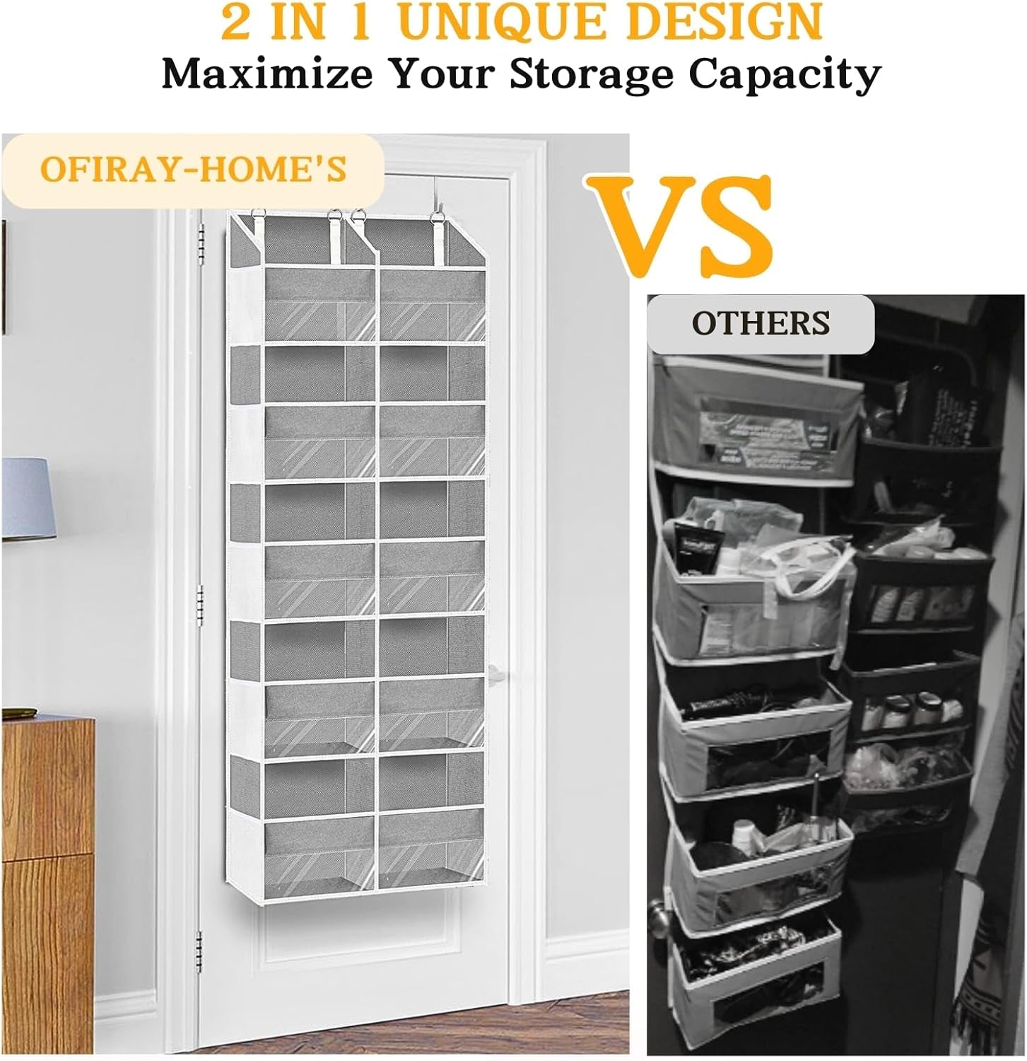 over the Door Organiser with 5 Tiers and 10 Compartments, Extra Large Hanging Door Storage with 4 Hooks, 36Kg Weight Capacity, Bedroom Wardrobe or Nursery Nappy & Toy Storage – Light Grey