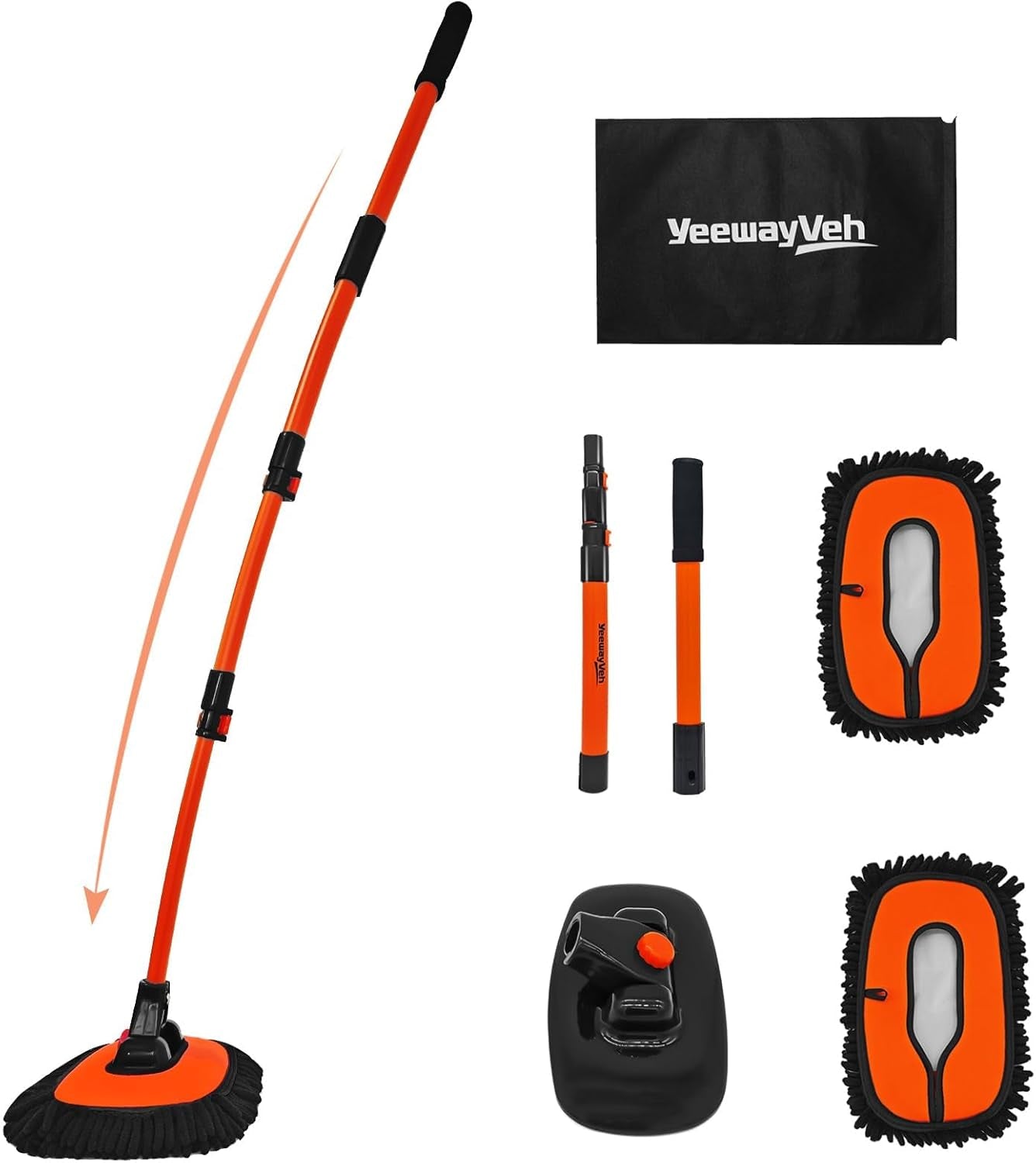 55" Car Wash Brush Mop with Long Handle, Extendable Curved Car Cleaning Brush with Extra Microfiber Mop Head, Soft Car Wash Brush Kit with Storage Bag for Truck SUV Cleaning, Orange