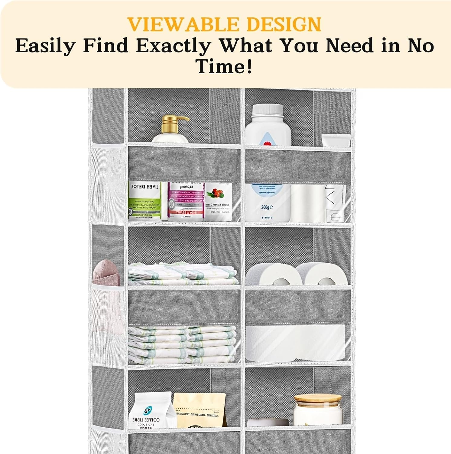 over the Door Organiser with 5 Tiers and 10 Compartments, Extra Large Hanging Door Storage with 4 Hooks, 36Kg Weight Capacity, Bedroom Wardrobe or Nursery Nappy & Toy Storage – Light Grey