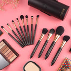 Professional Makeup Brushes Set (12Pcs), Pearl Flash Handles, Comfortable to Hold and Easy to Use. Black Travel Make up Brushes Set with Case