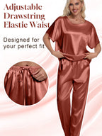 Womens Silk Satin Pajama Set Short Sleeve Shirt with Long Pajamas Pant Set Two-Piece Pj Sets Soft Sleepwear Loungewear Nightwear Pjs S-XXL, Caramel, XXL