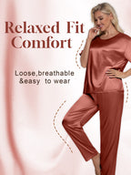Womens Silk Satin Pajama Set Short Sleeve Shirt with Long Pajamas Pant Set Two-Piece Pj Sets Soft Sleepwear Loungewear Nightwear Pjs S-XXL, Caramel, XXL