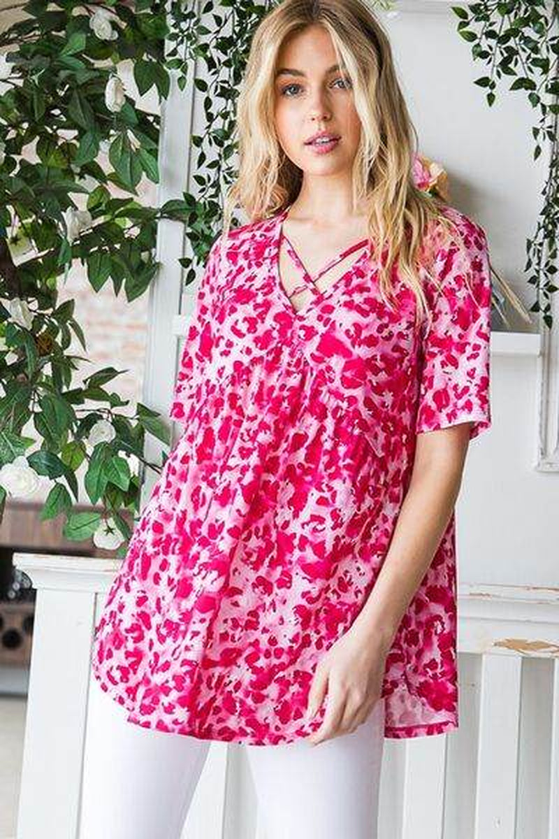 Heimish Full Size Short Sleeve Crisscross Animal Babydoll Top plus Size