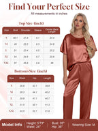 Womens Silk Satin Pajama Set Short Sleeve Shirt with Long Pajamas Pant Set Two-Piece Pj Sets Soft Sleepwear Loungewear Nightwear Pjs S-XXL, Caramel, XXL