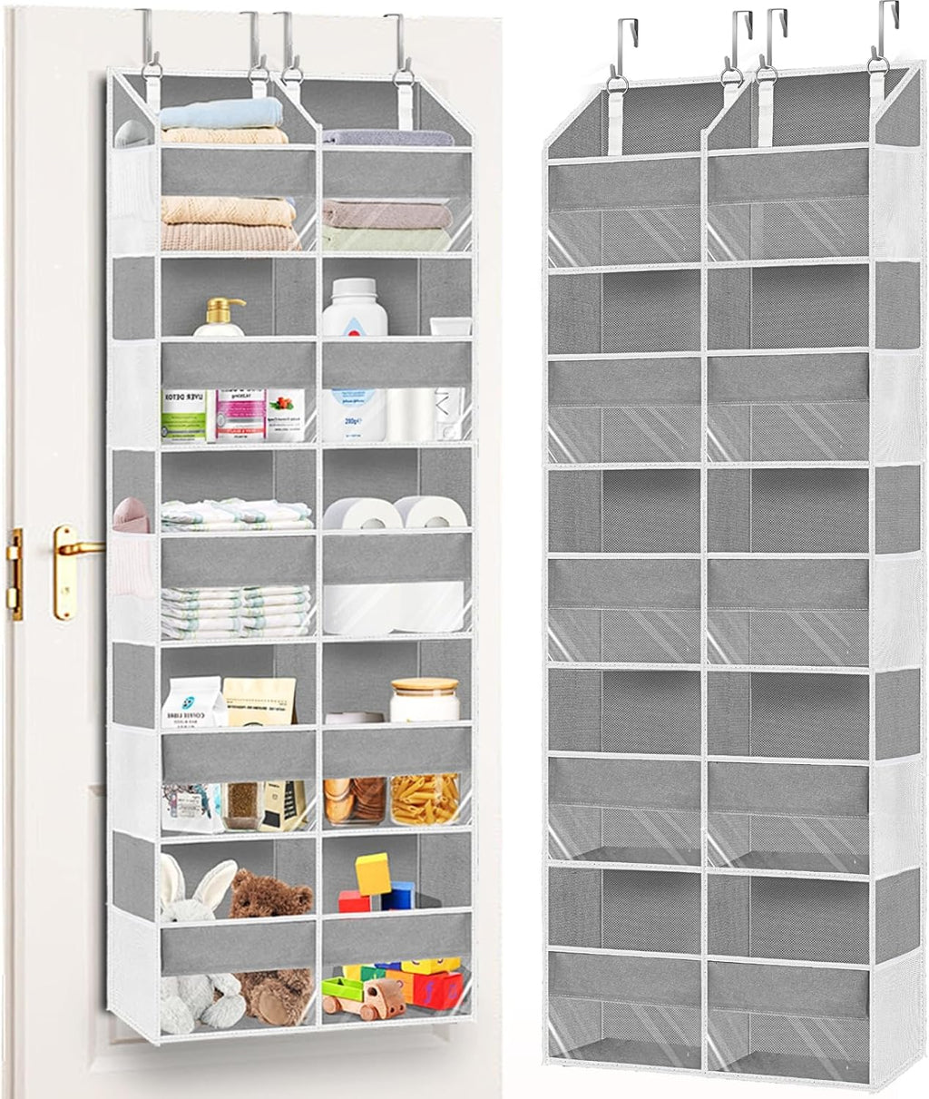 over the Door Organiser with 5 Tiers and 10 Compartments, Extra Large Hanging Door Storage with 4 Hooks, 36Kg Weight Capacity, Bedroom Wardrobe or Nursery Nappy & Toy Storage – Light Grey