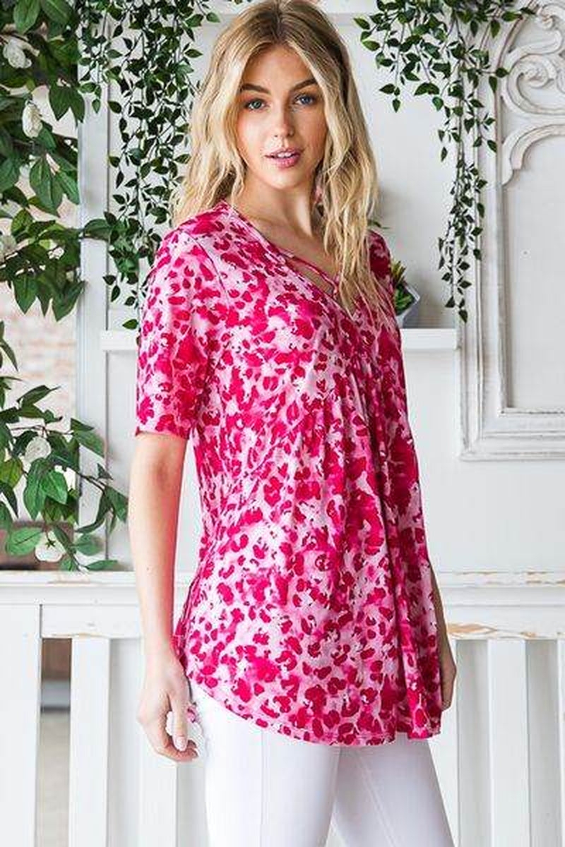 Heimish Full Size Short Sleeve Crisscross Animal Babydoll Top plus Size